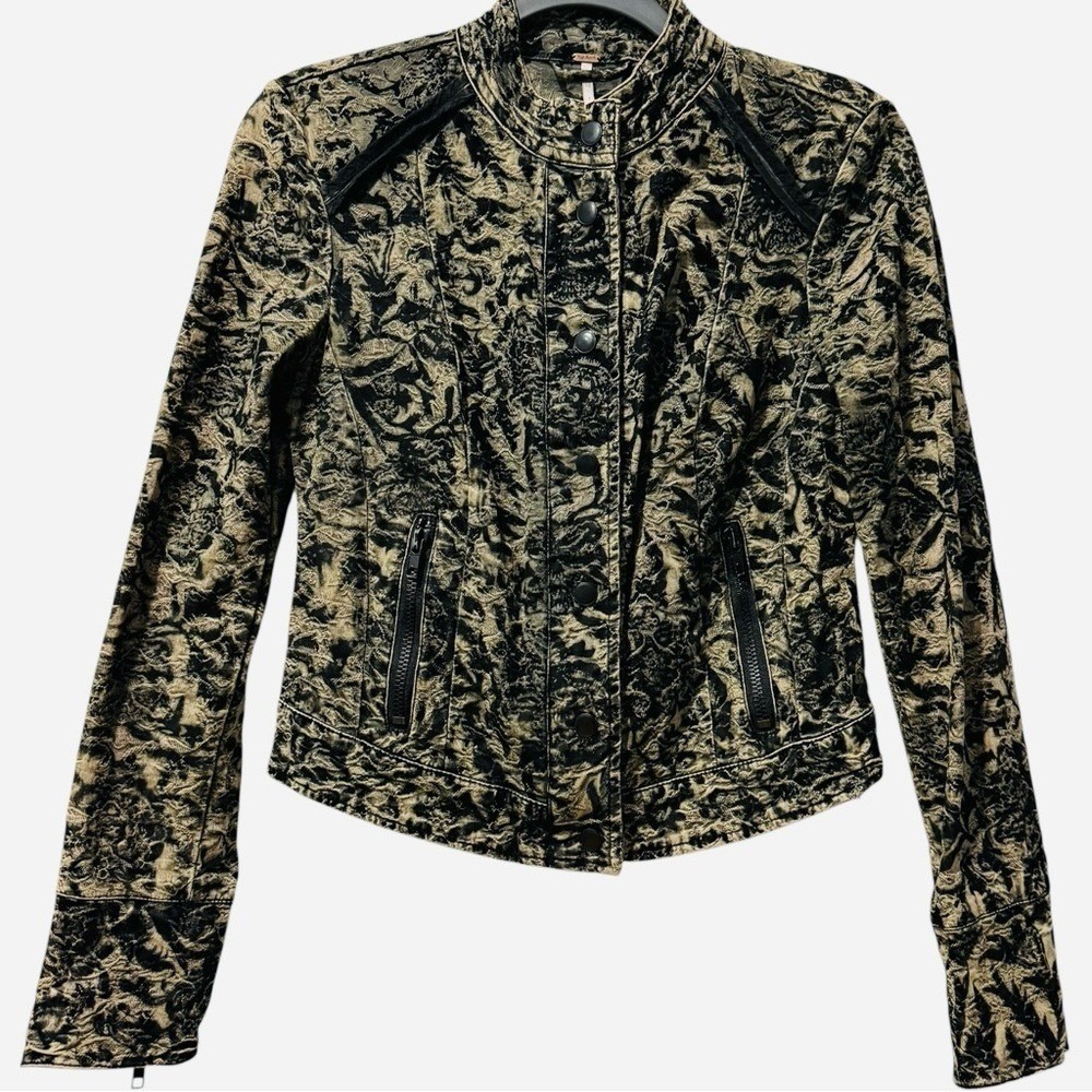 Free People Follow the Flock Velvet Flocked Black / Tan Moto Jacket XS 2 - Picture 3 of 9